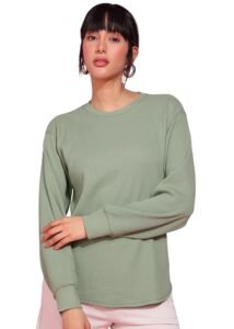 Alan Jones Clothing Women's 100%Cotton Relaxed Fit Waffle Crew Neck Long Sleeve T-Shirt